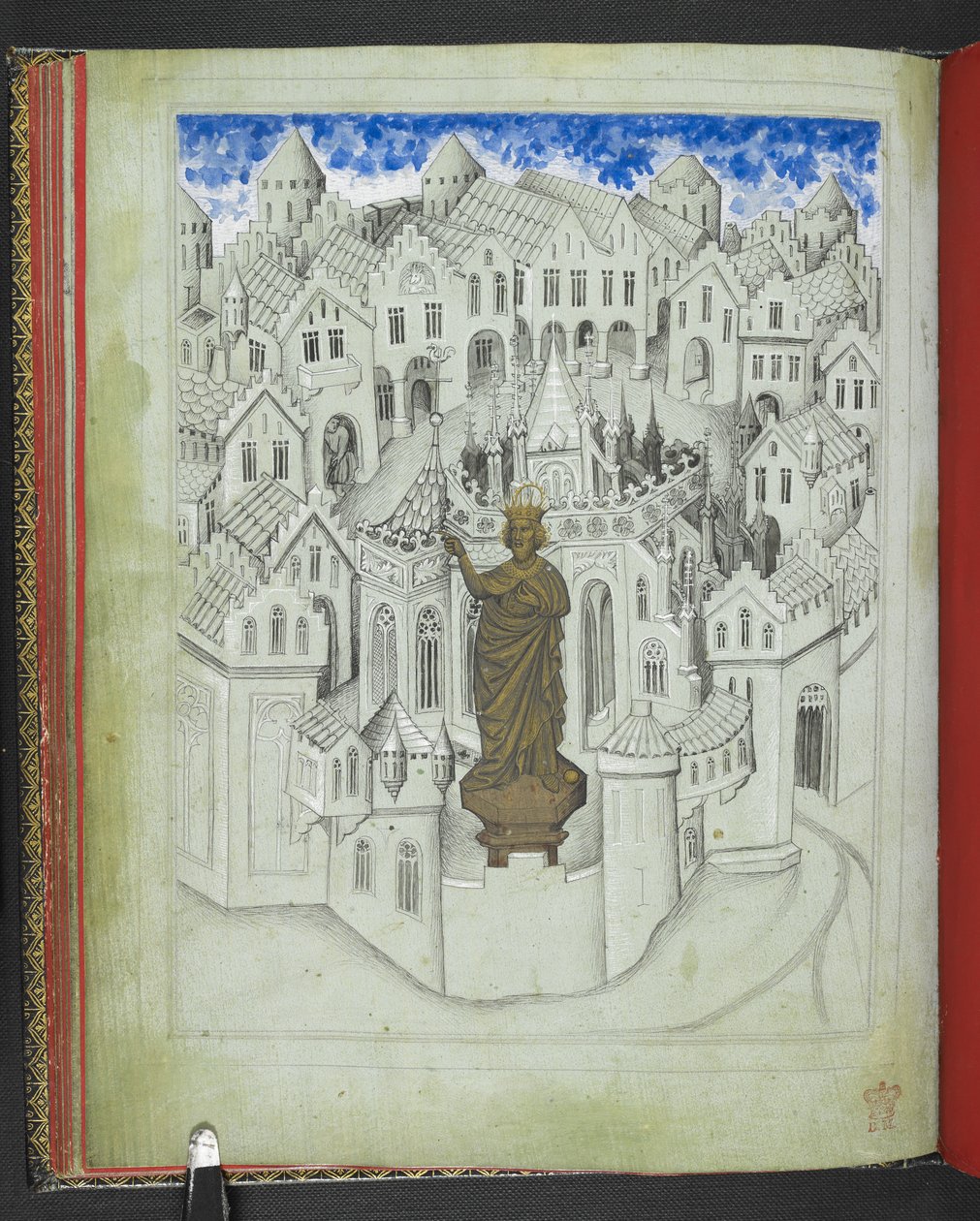 Add 24189, f.9v, La ciudad de Constantinopla, con una gran estatua del emperador Justiniano de pie ante la catedral de Santa Sofía, del 