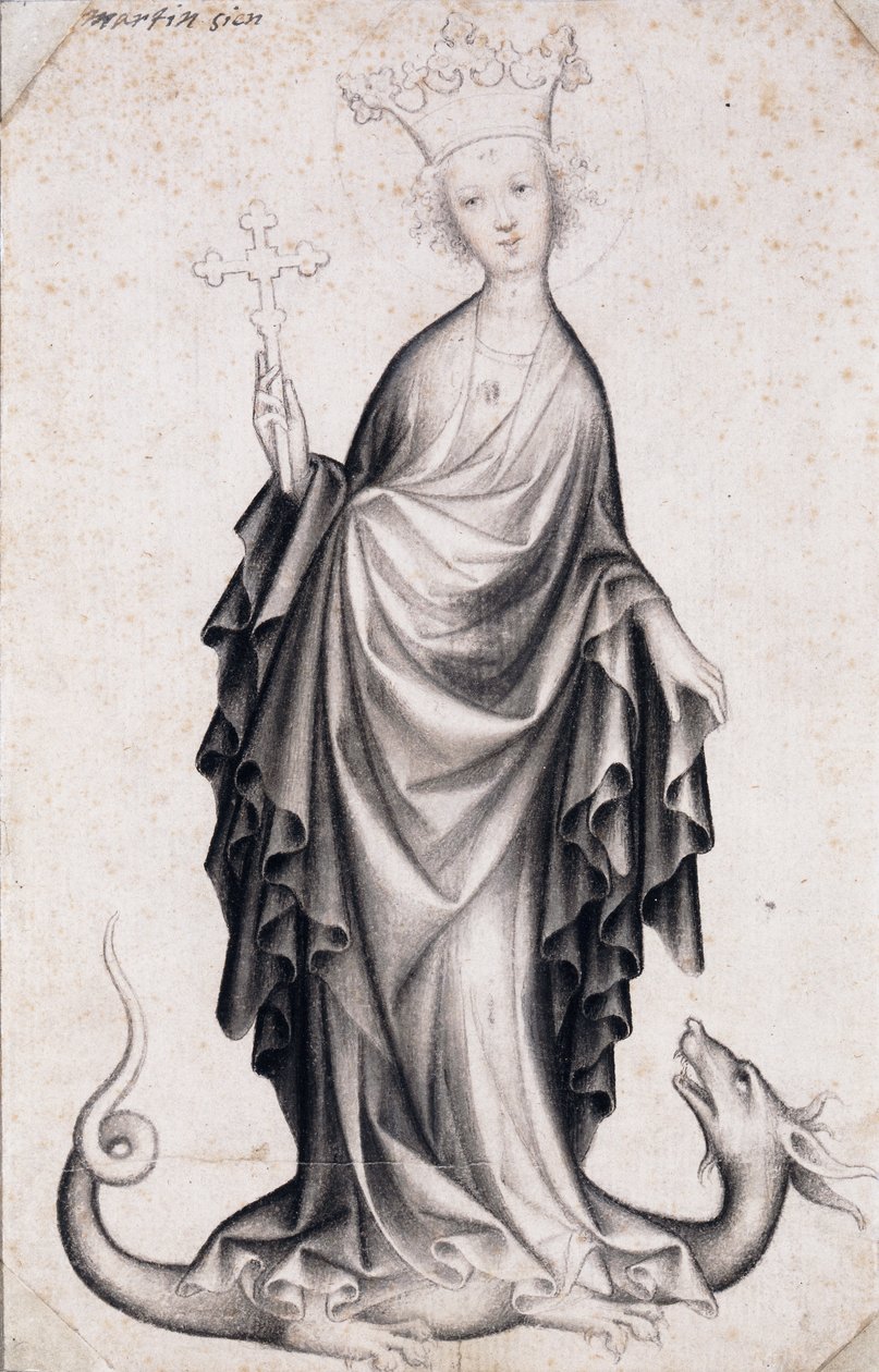 Santa Margarita de Antioquía (fallecida hacia el 305) (Santa Margarita) (sostiene un crucifijo y pisotea un dragón) - Obra de un maestro bohemio (activo 1410-1420), lápiz y pincel sobre papel (21,4x14 cm), hacia 1410 - Szepmuveszeti Muzeum, Budapest (Hungr de Bohemian School