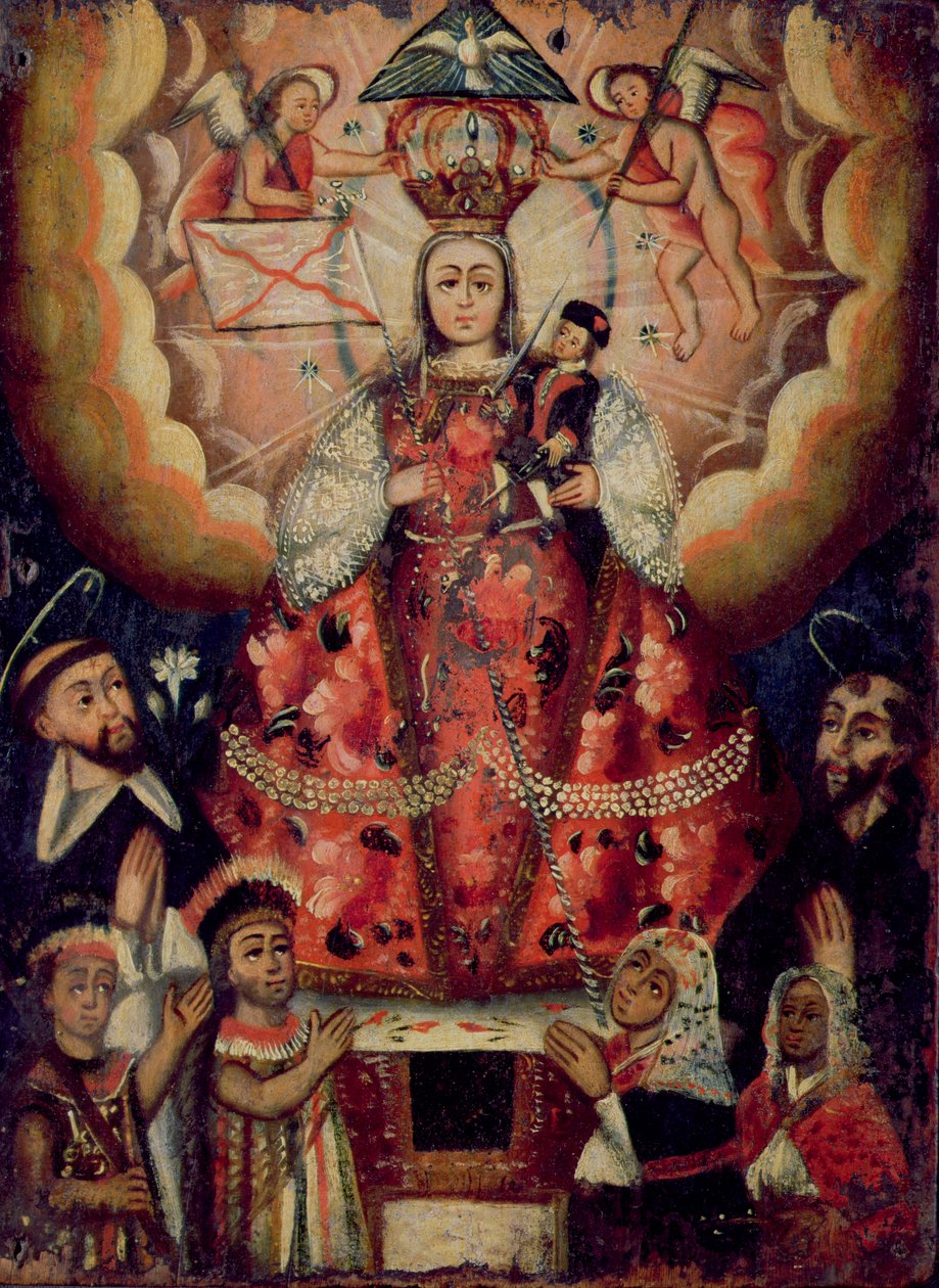 Madonna con Niño Jesús, San Domingo, San Francisco y Adoradores Nativos Americanos de Bolivian School