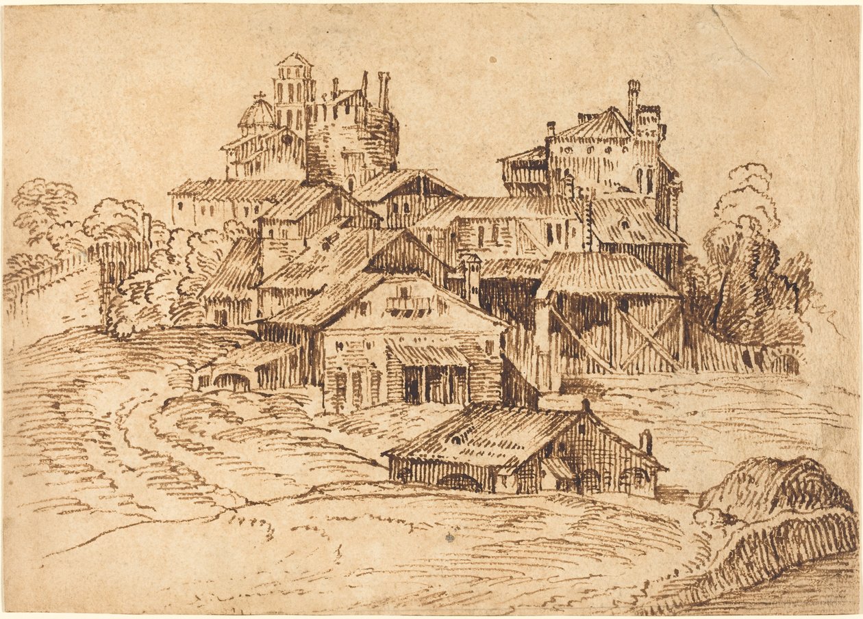 Vista de una Ciudad Italiana (después de Tiziano o Domenico Campagnola) de Bolognese 17th Century