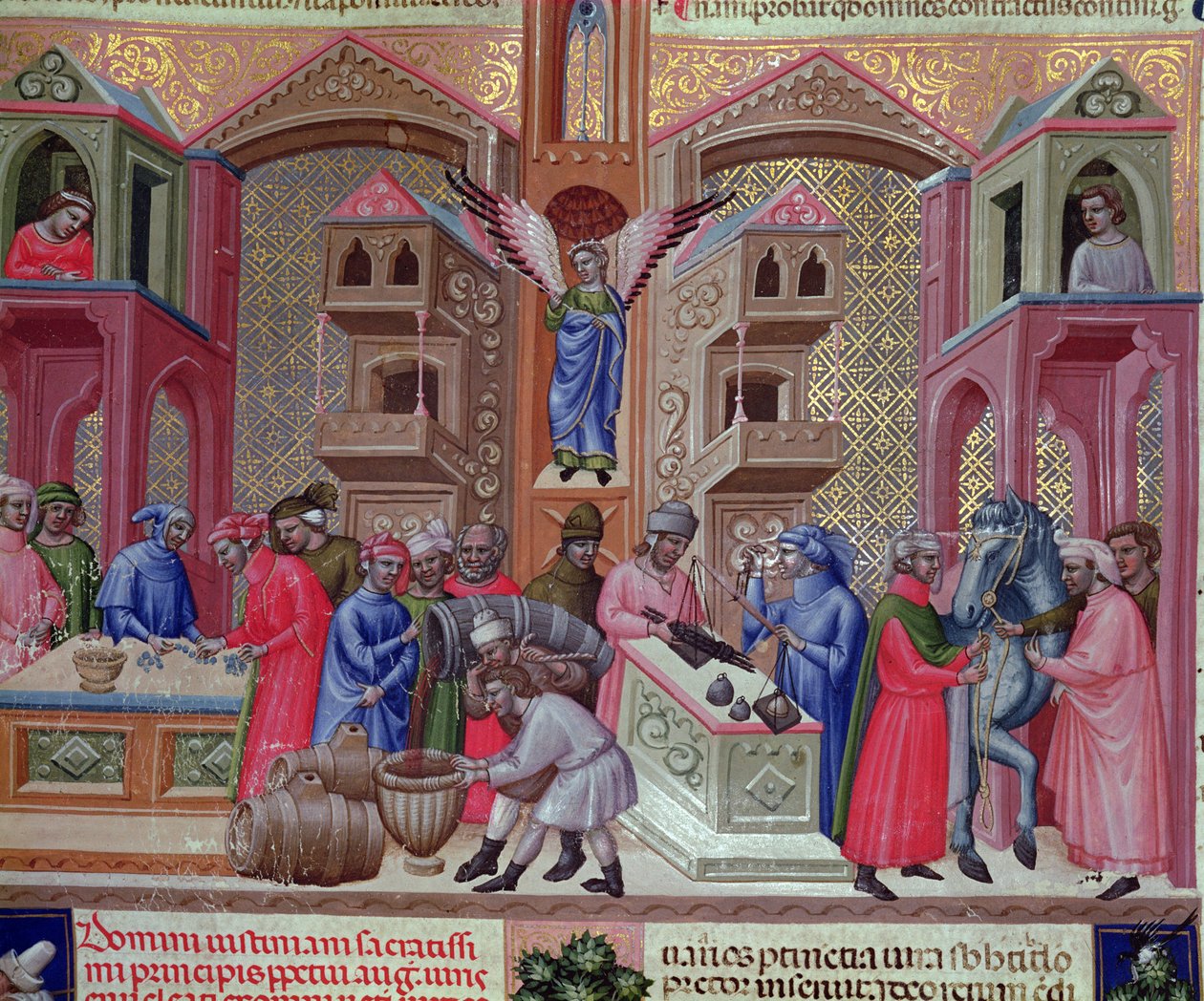 Gremio de mercaderes, del manuscrito "Justiniano Institutiones Feodorum et Alia", c.1300 (vitela) de Bolognese School