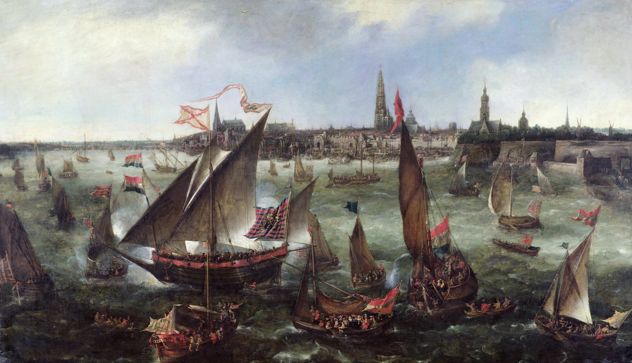 Vista del puerto de Amberes durante las celebraciones de la toma de Breda, 1628 de Bonaventura Peeters
