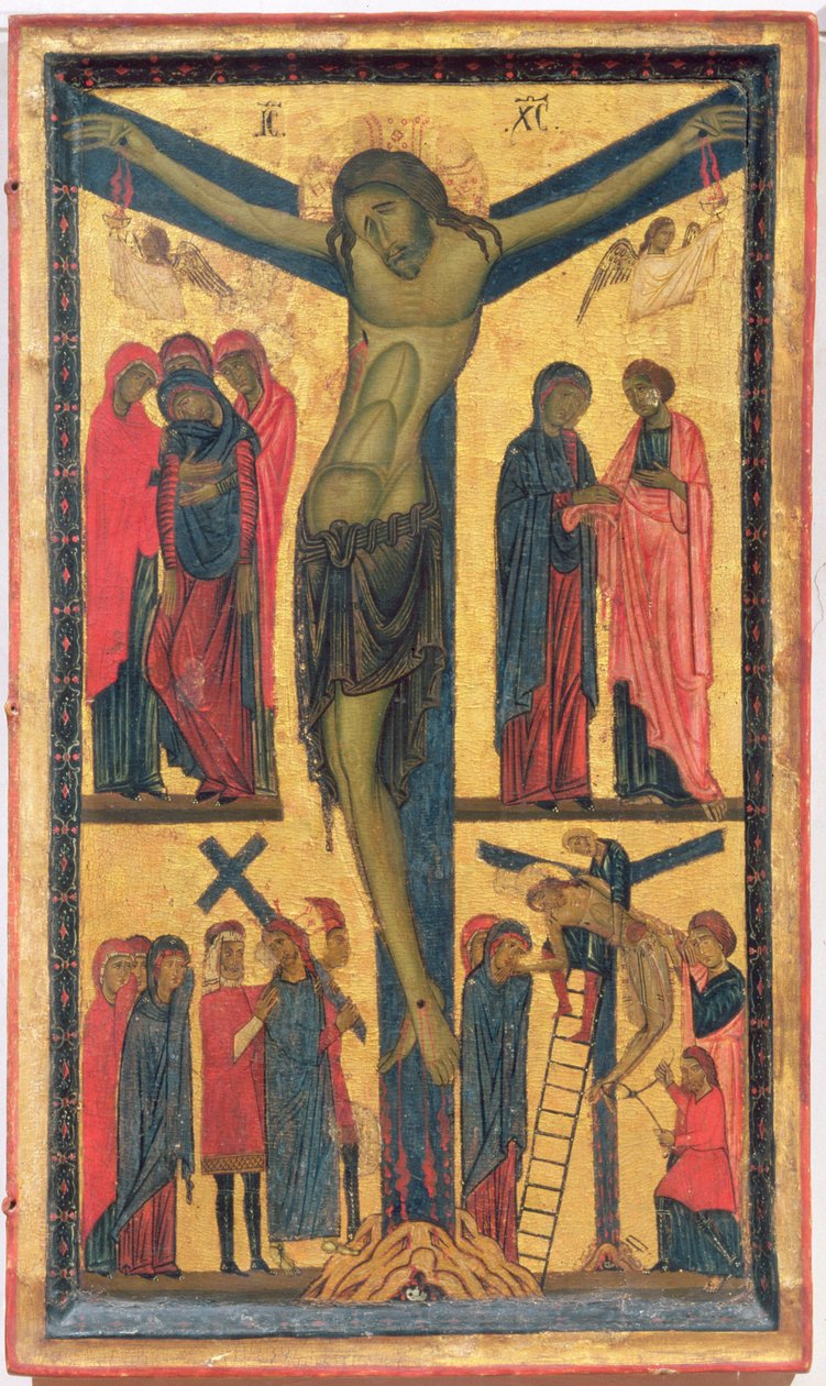 La crucifixión con mujeres santas, dolientes, Cristo en el camino al Calvario y la deposición, panel derecho de un díptico de Bonaventura Berlinghieri