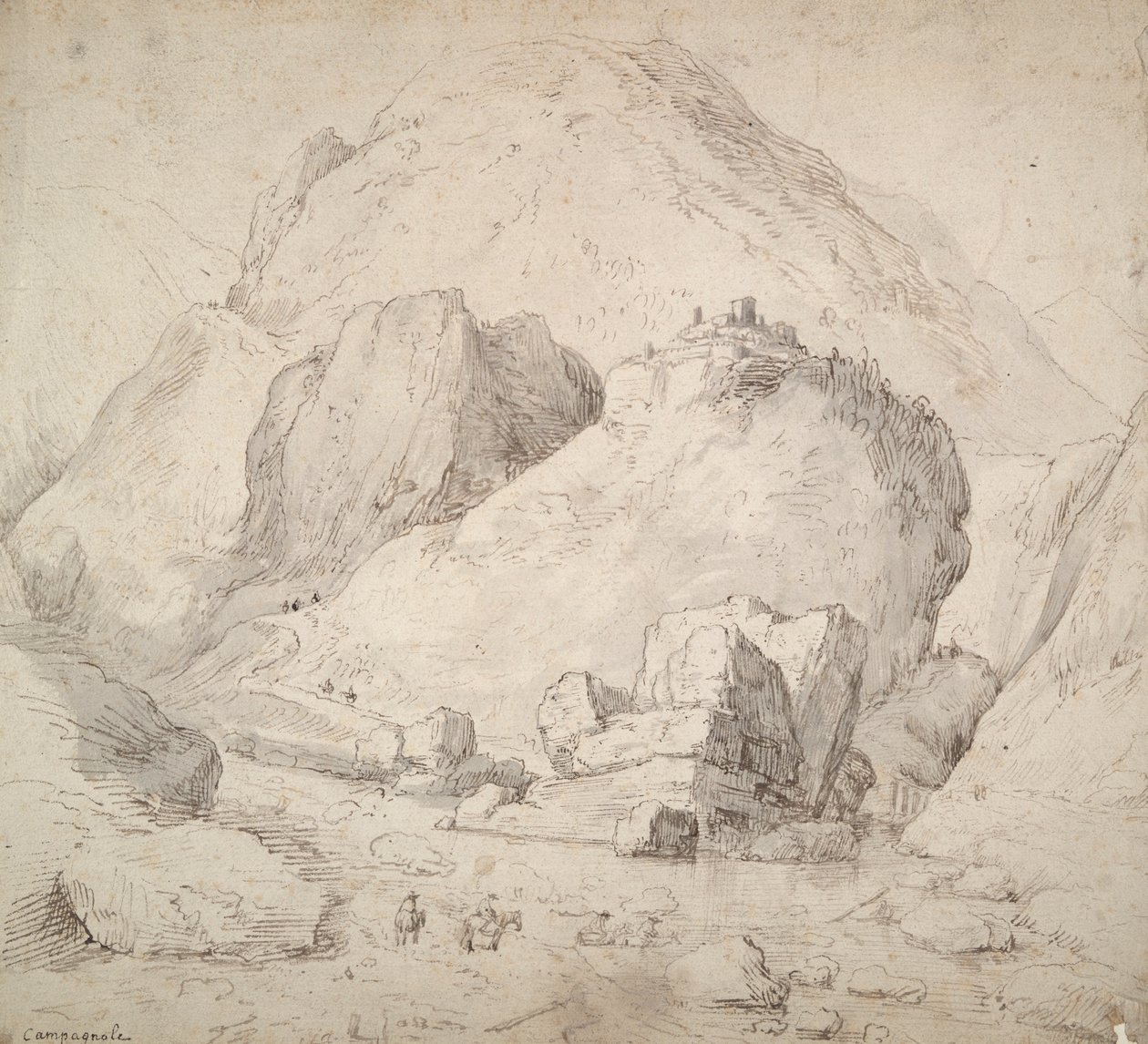 Paisaje montañoso con figura a caballo en primer plano de Bonaventura Peeters