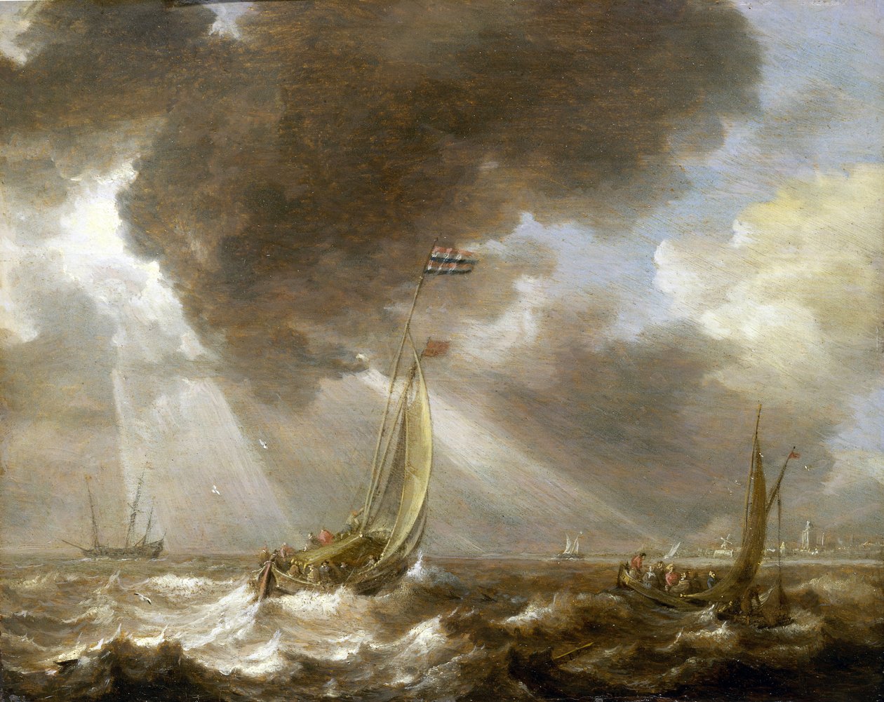 Dos barcos pesqueros holandeses en la brisa, cargados de pasajeros que transportan a la ciudad visible en el horizonte, los barcos llevan la bandera del Almirantazgo de Amsterdam de Bonaventura Peeters