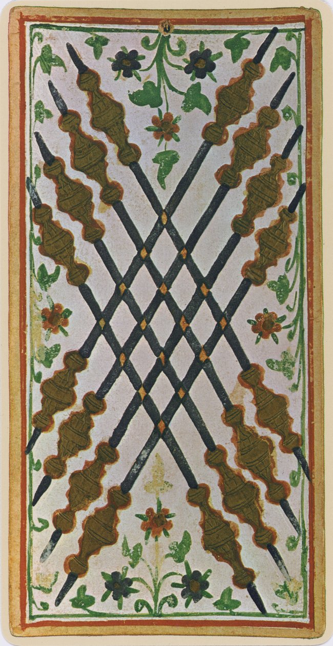 El Ocho de Bastos, facsímil de una carta del tarot del mazo 