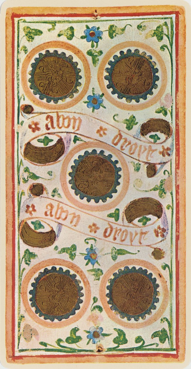 El cinco de oros, facsímil de una carta del tarot del mazo 