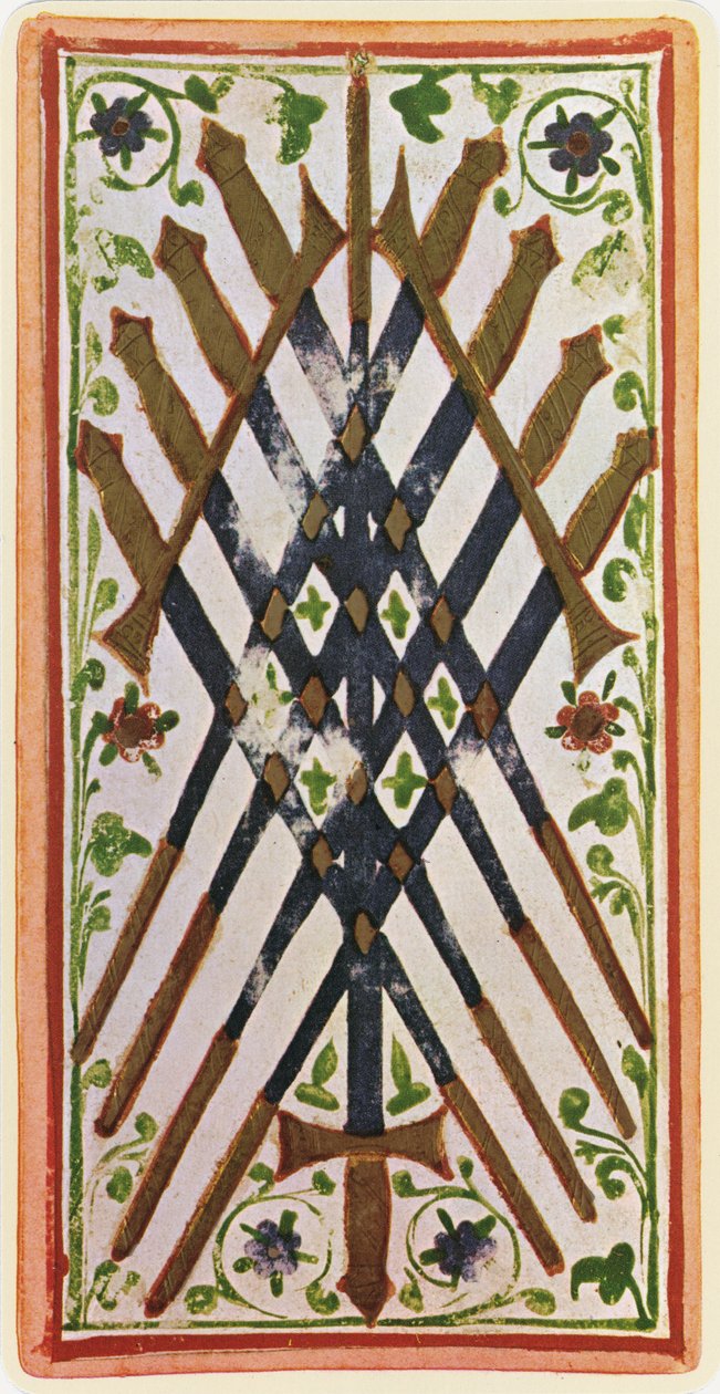 El Nueve de Espadas, facsímil de una carta de tarot del mazo 