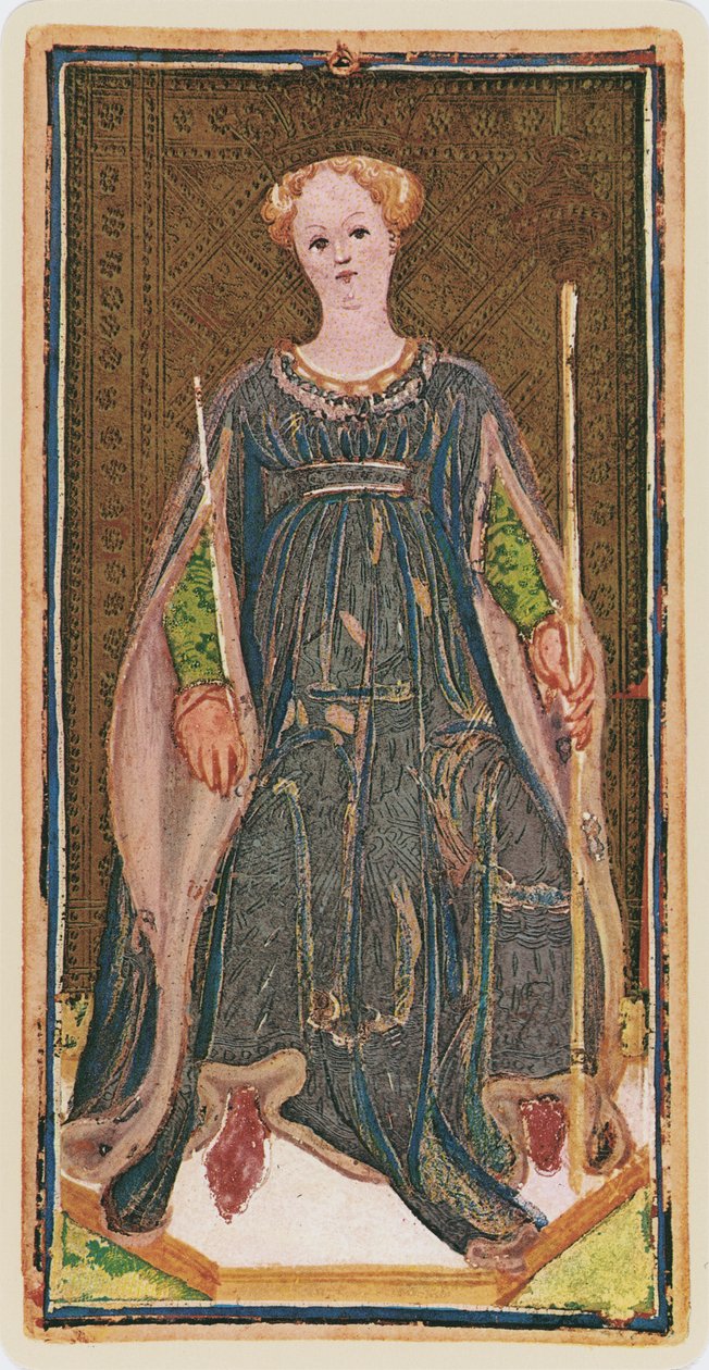 La Reina de Bastos, facsímil de una carta del tarot del mazo 