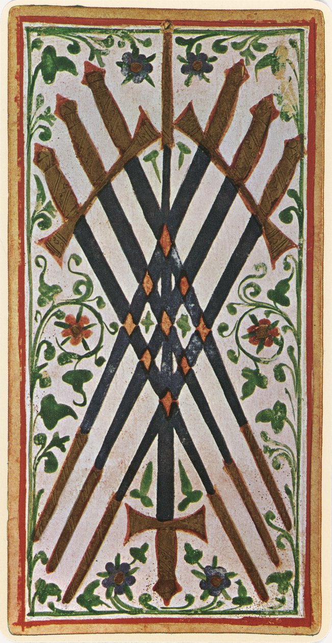 El Siete de Espadas, facsímil de una carta del tarot del mazo 