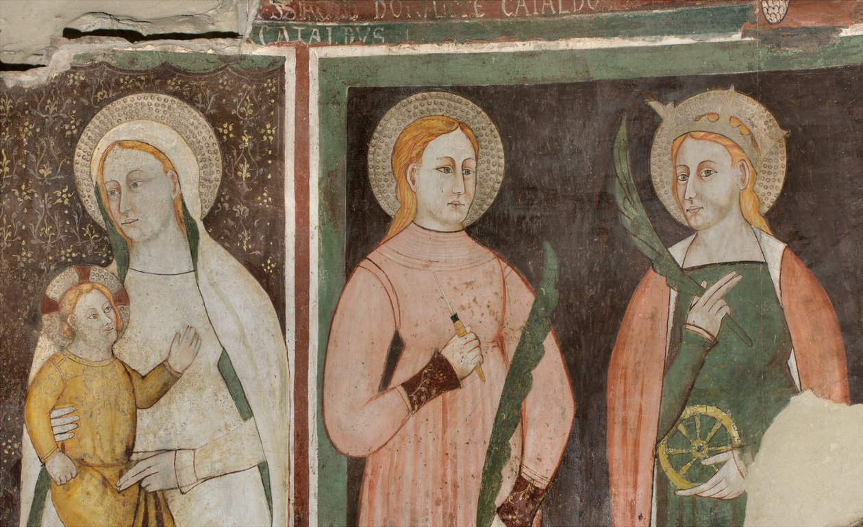Transepto norte, Altar de San Miguel Arcángel, Detrás del retablo los frescos de Bonifacio Bembo, Virgen y Niño Santa Aquilina y Santa Catalina de Alejandría de Bonifacio Bembo