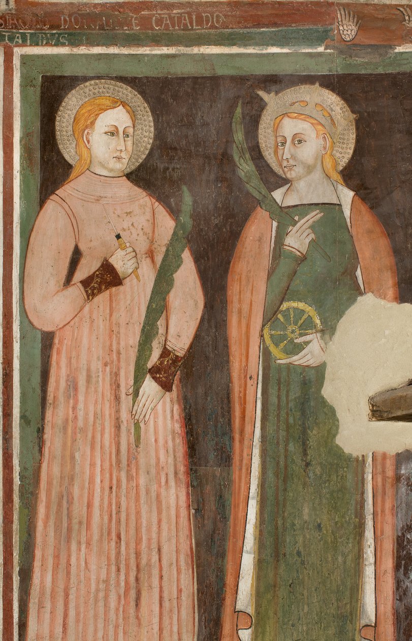 Transepto norte, Altar de San Miguel Arcángel, Detrás del retablo los frescos de Bonifacio Bembo, Santa Aquilina y Santa Catalina de Alejandría de Bonifacio Bembo
