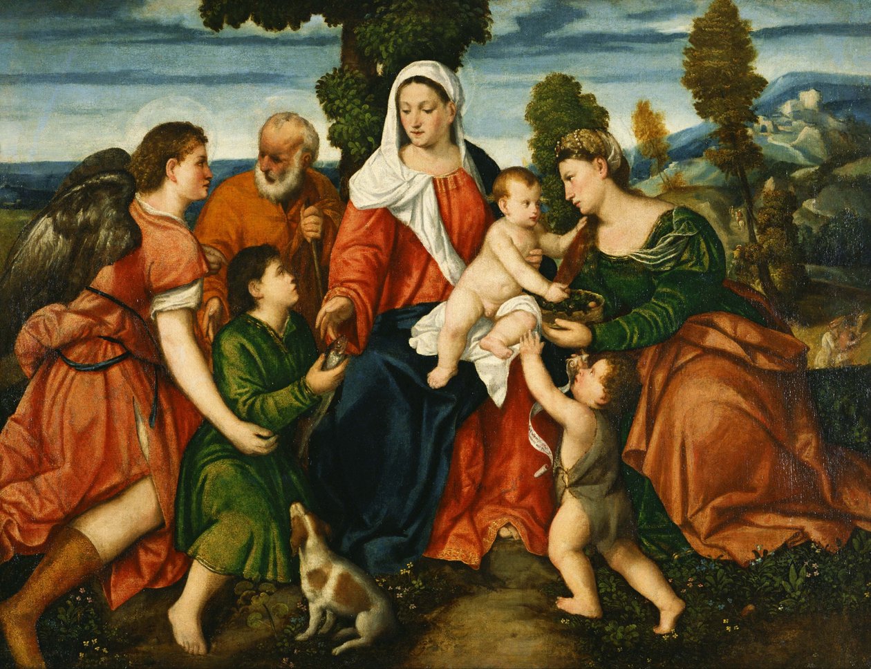 La Sagrada Familia con Tobías y el ángel, Santa Dorotea, Giovannino y el milagro del maíz más allá de Bonifazio Veronese