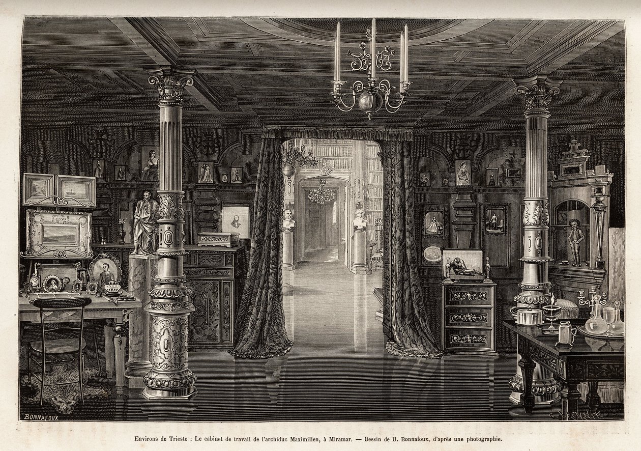 El gabinete de trabajo del Archiduque de Austria Maximiliano (1832-1867), en el castillo de Miramar, que mandó construir en las cercanías de Trieste, desde 1857, cuando fue proclamado vice rey del reino de Lombardía y Véneto, grabado por B. Bonnafoux ilust de Bonnafoux Bonnafoux