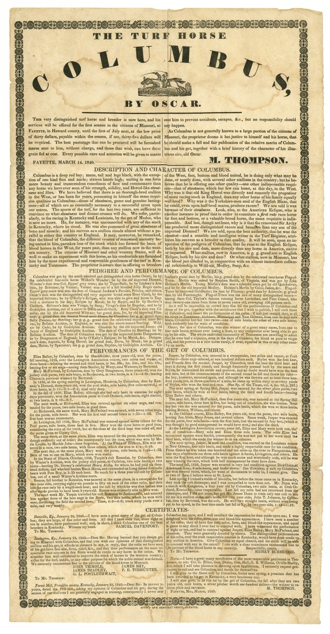 Póster de caballo semental ofreciendo caballo de césped Columbus, Fayette, Mo., 14 de marzo de 1840 de Boon Democrat