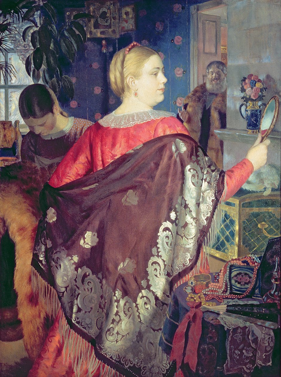 Mujer del comerciante con un espejo de Boris Mikhailovich Kustodiev