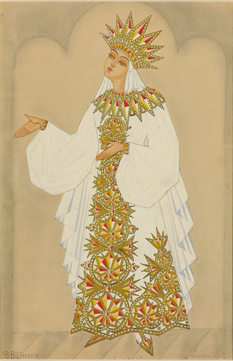 Diseño de vestuario para Ludmila de la ópera "Ruslan y Ludmila" (gouache, realzado con oro) de Boris Bilinsky