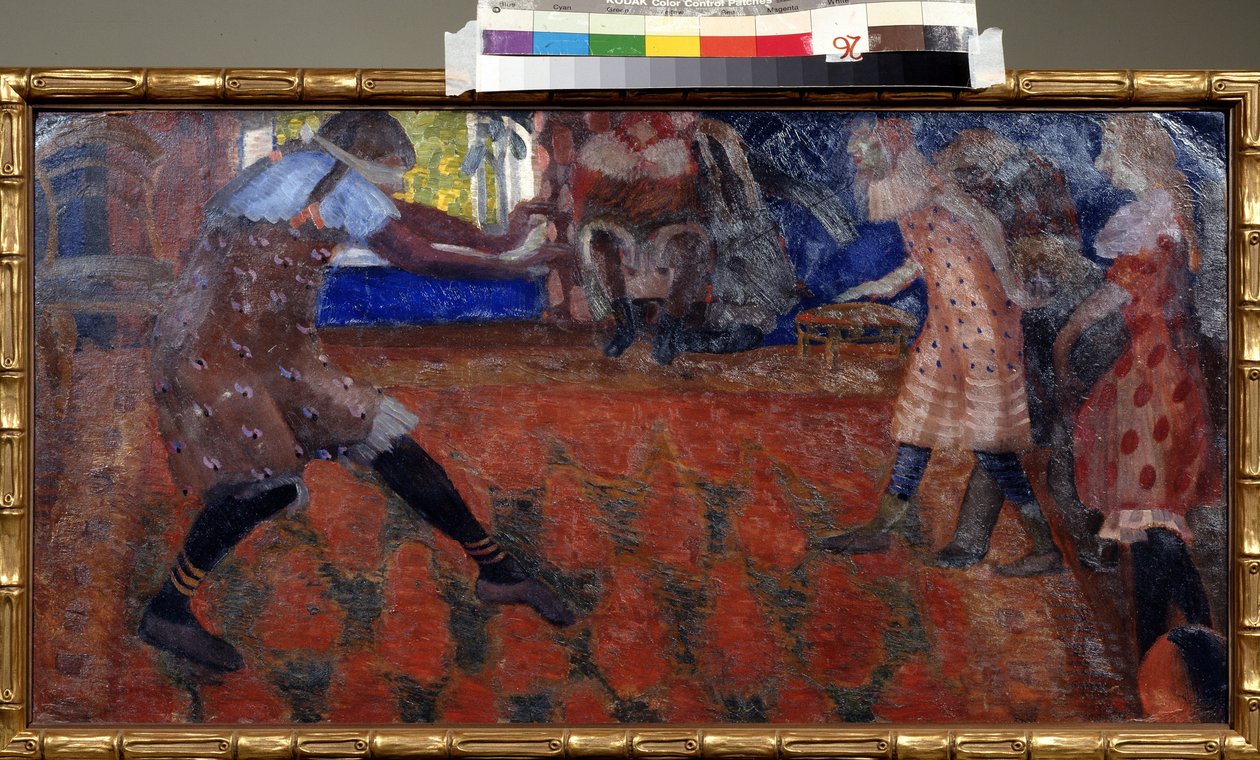 Colin Maillard (Aficionado a los ciegos). Juegos infantiles en salón alfombrado. Obra de Boris Dmitryevich Grigoriev (1886-1939), témpera sobre cartón de Boris Dmitrievich Grigoriev