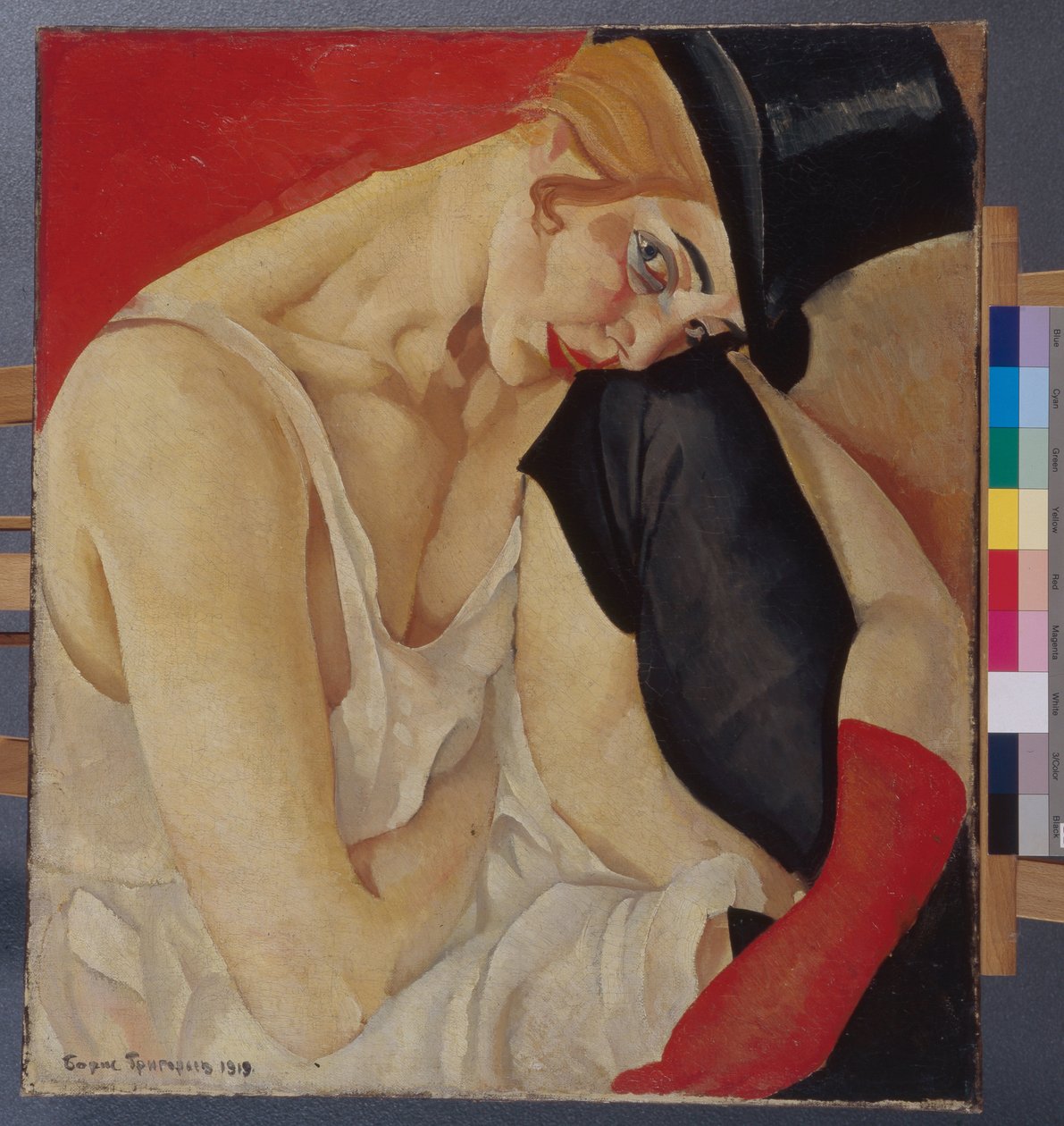 Mujer con sombrero de copa - Pintura de Boris Dmitrievich Grigoriev (1886-1939), óleo sobre lienzo (71x62,5 cm) de Boris Dmitrievich Grigoriev