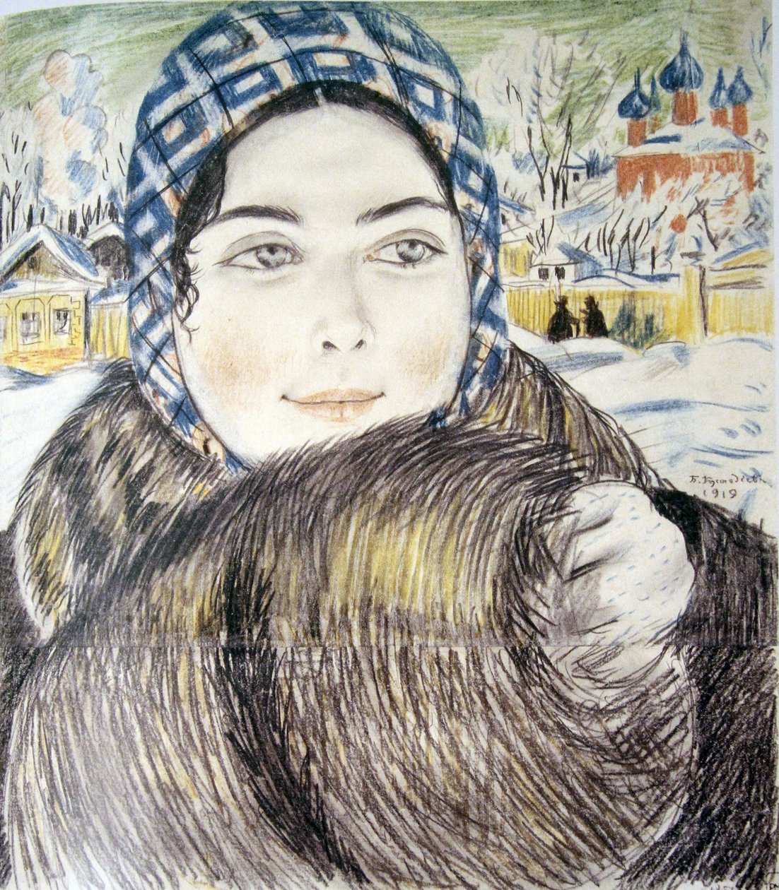 La esposa de un joven comerciante con un pañuelo a cuadros par Kustodiev, Boris Michaylovich (1878-1927) de Boris Mikhailovich Kustodiev
