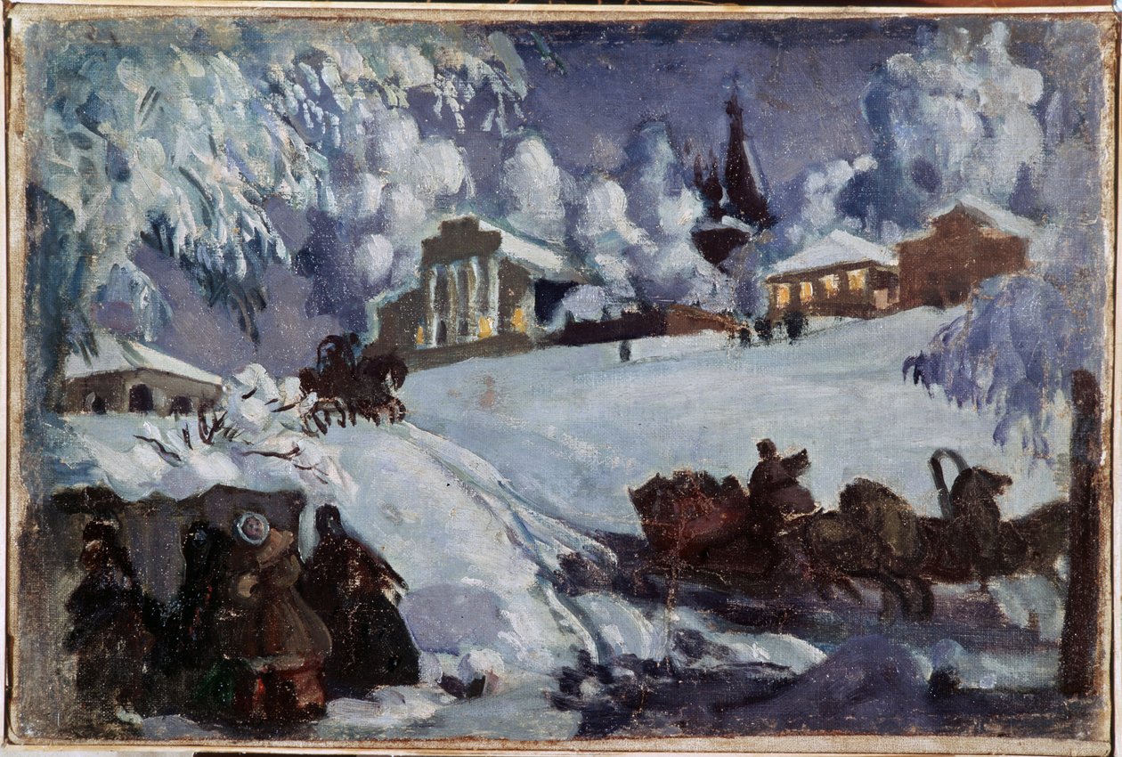 Invierno, trineos (Invierno. Paseo en Trineo). Pintura de Boris Michaylovich Kustodiev (Koustodiev) (1878-1927), óleo sobre lienzo, hacia 1920. Arte ruso, principios del siglo XX. Colección privada. de Boris Mikhailovich Kustodiev