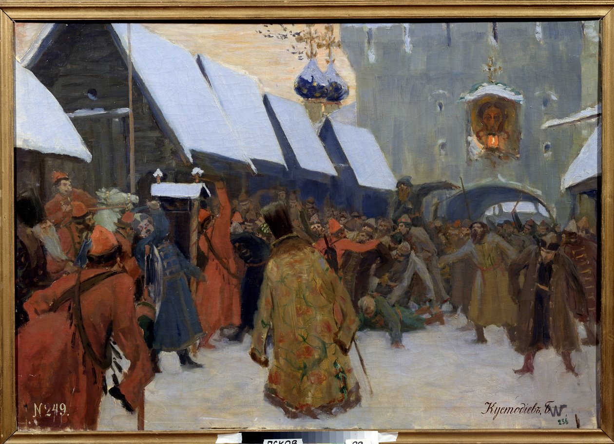La rebelión del pueblo contra los boyardos (boiard, boiar). (Rebelión del pueblo contra los boyardos). Escena callejera en el Gran Ducado de Moscú, levantamiento popular contra la antigua nobleza rusa de Boris Mikhailovich Kustodiev