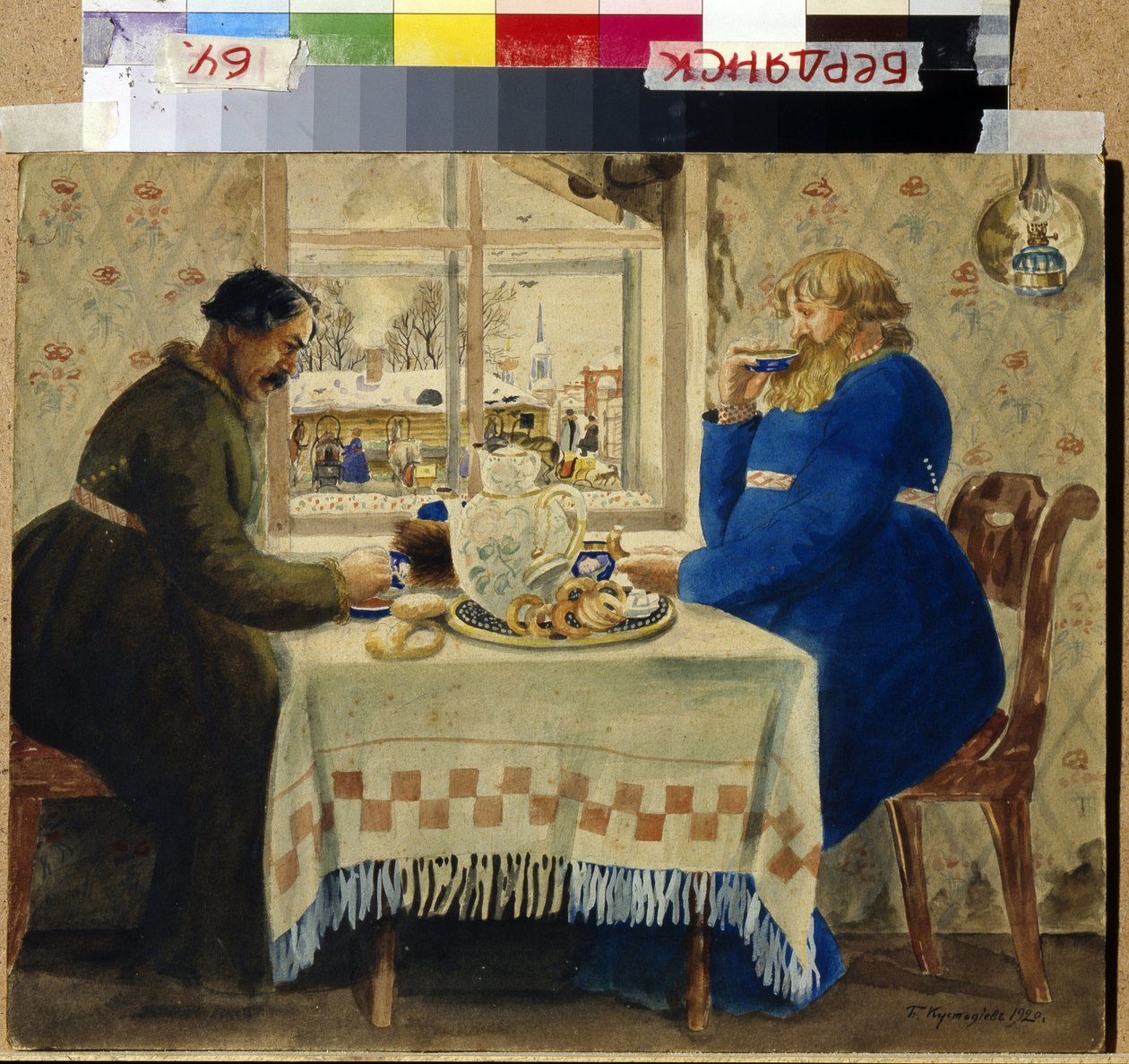 Los Cocheros. Dos hombres en la mesa comen pasteles y panecillos mientras beben té. A través de la ventana, las yuntas y los trineos se alinean en el patio. Obra de Boris Michaylovich Kustodiev (Kustodiev) (1878-1927), acuarela s de Boris Mikhailovich Kustodiev