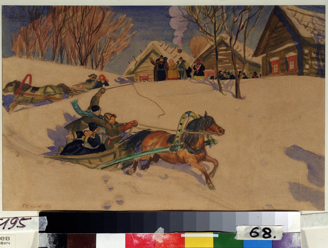 Mardi Gras (Carnaval). Niños felices giran en trineos tirados por caballos, sobre la nieve, frente al pueblo con las casas de madera. Los adultos reunidos los saludan. Obra de Boris Michaylovich Kustodiev (Koustodiev) (1878-1927), acuarela de Boris Mikhailovich Kustodiev