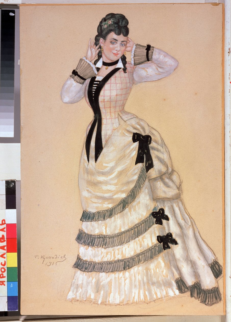 Proyecto de vestuario femenino para la obra de teatro Wolf and Sheep de Alexandre Ostrovsky (1823-1886) (Diseño de vestuario para la obra de teatro Wolfs and Sheeps de A. Ostrovsky). Obra de Boris Michaylovich Kustodiev (Koustodiev) (1878-1927), acuarela s de Boris Mikhailovich Kustodiev