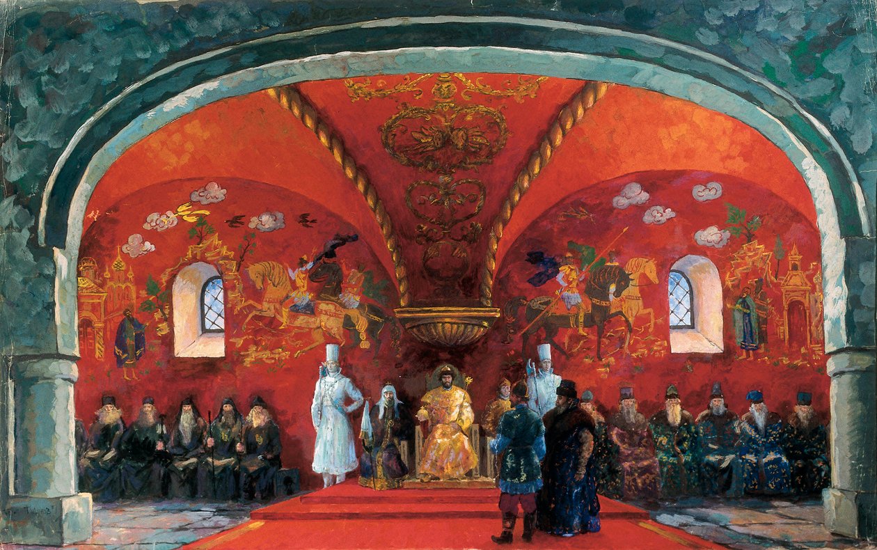 Representación de Boris Fyodorovich Godunov (1551-1605), Zar de Rusia, Decorado para la obra de teatro "Boris Godunov" de Alexander Sergeyevich Pushkin de Boris Mikhailovich Kustodiev