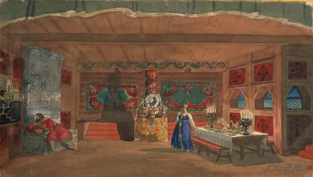 Diseño escénico para la ópera La novia del zar de N. Rimsky-Korsakov, 1920 de Boris Mikhailovich Kustodiev