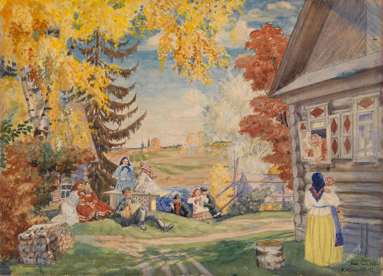 Diseño de escenario para la obra de teatro Mujeres campesinas de Alexander Neverov de Boris Mikhailovich Kustodiev