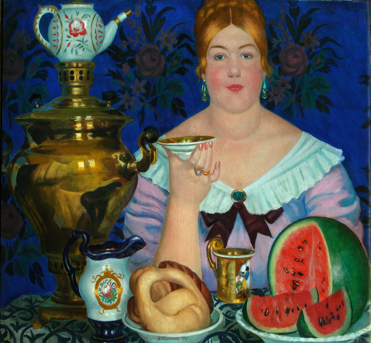 La esposa del comerciante bebiendo té, 1923 de Boris Mikhailovich Kustodiev