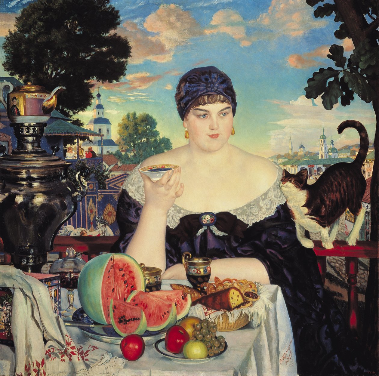 La esposa del comerciante tomando té de Boris Mikhailovich Kustodiev