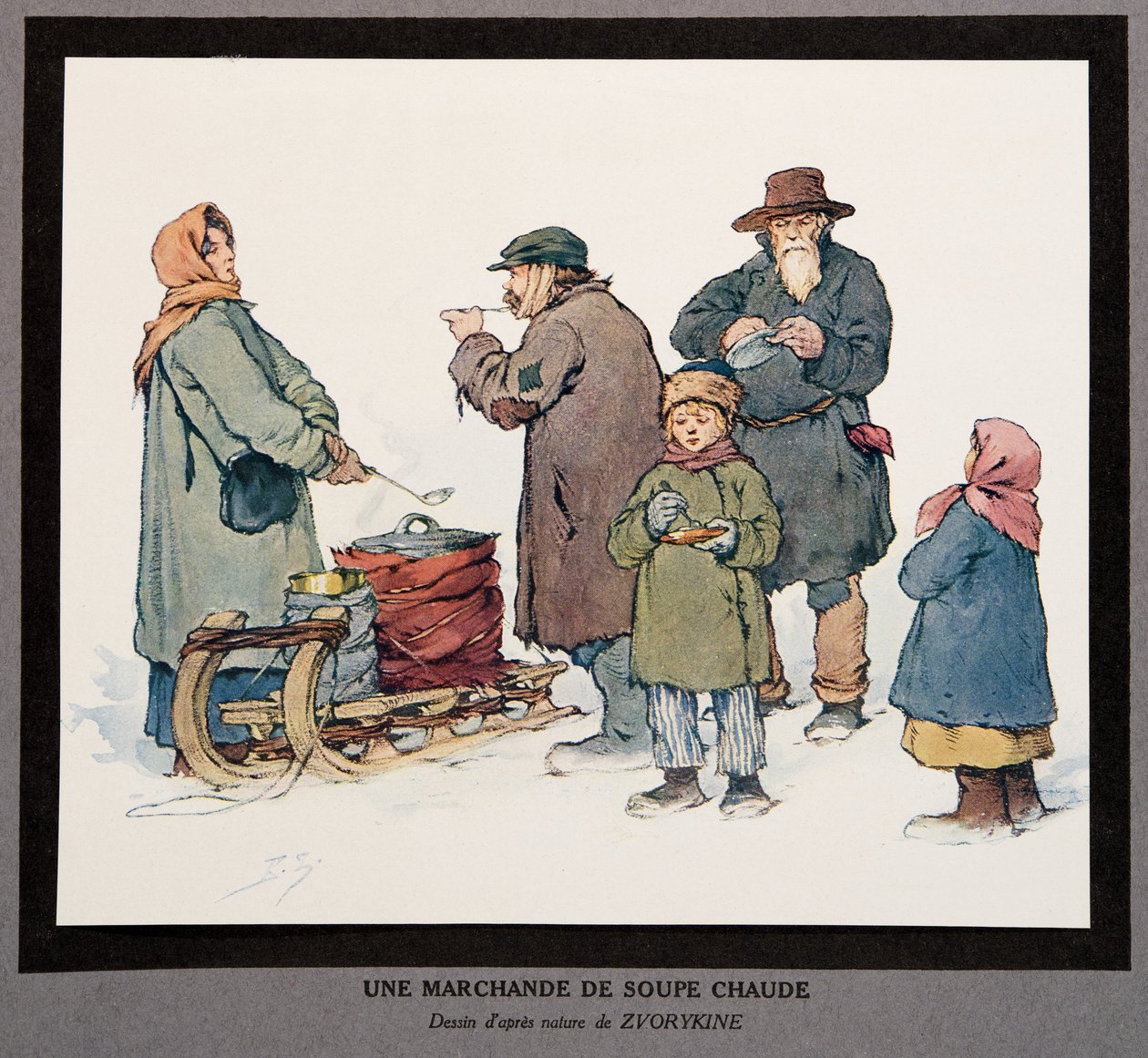 Un vendedor de sopa caliente, de Histoire des Soviets, pub. 1922 de Boris Vasilievich Zvorykin