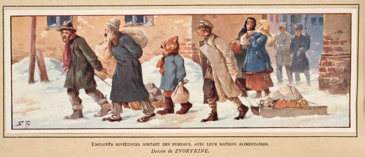 Trabajadores soviéticos saliendo de la oficina con sus raciones de comida, de Histoire des Soviets, pub. 1922 de Boris Vasilievich Zvorykin