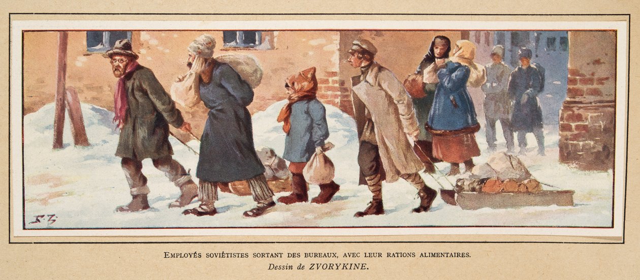 Trabajadores soviéticos saliendo de la oficina con sus raciones de comida, de Histoire des Soviets, pub. 1922 de Boris Vasilievich Zvorykin
