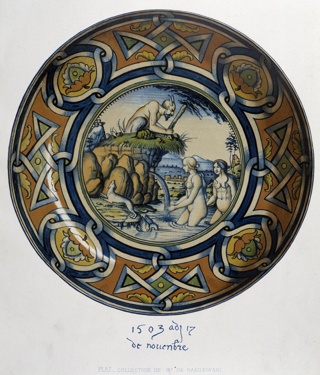 Acteón sorprendiendo a Artemisa (Diana) en el baño - en "Collection of Italian faiences of the XV, XVI and XVIIIth centuries", diseñado por C. Delange y C. Borneman, ed. Delange, París de Bornemann Bornemann