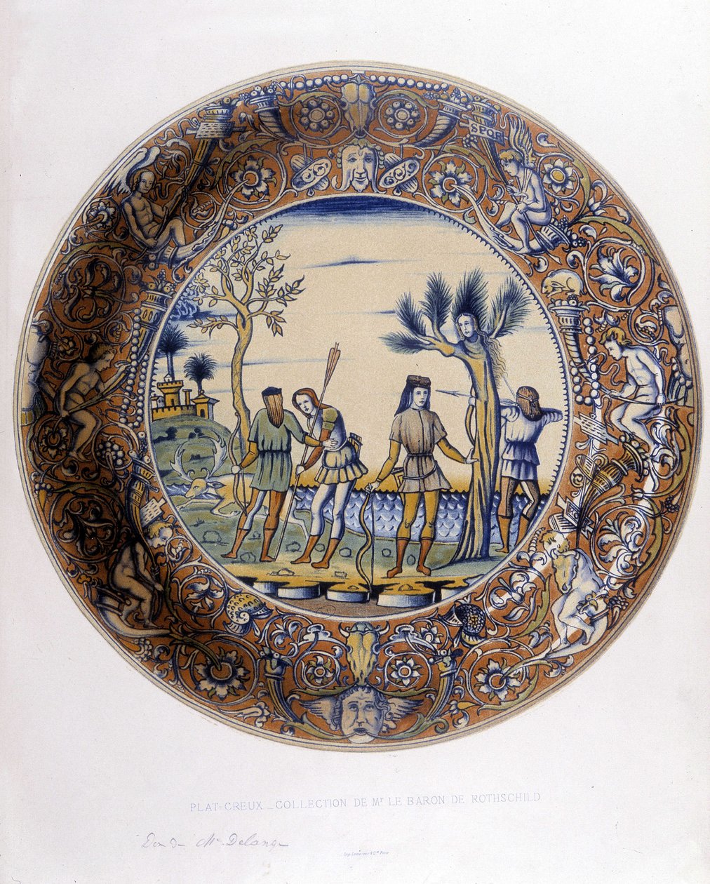 Dafne transformada en laurel para escapar de Apolo en Colección de faiences italianas de los siglos XV, XVI y XVIII, diseñada por C. Delange y C. Borneman, ed. Delange, París de Bornemann Bornemann