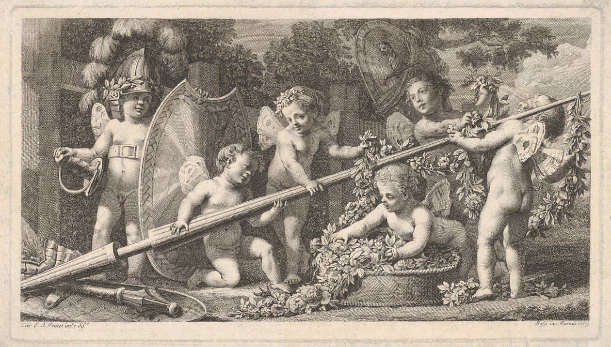 Seis putti jugando con las armas de Marte, cuatro sosteniendo una gran lanza de Bossi