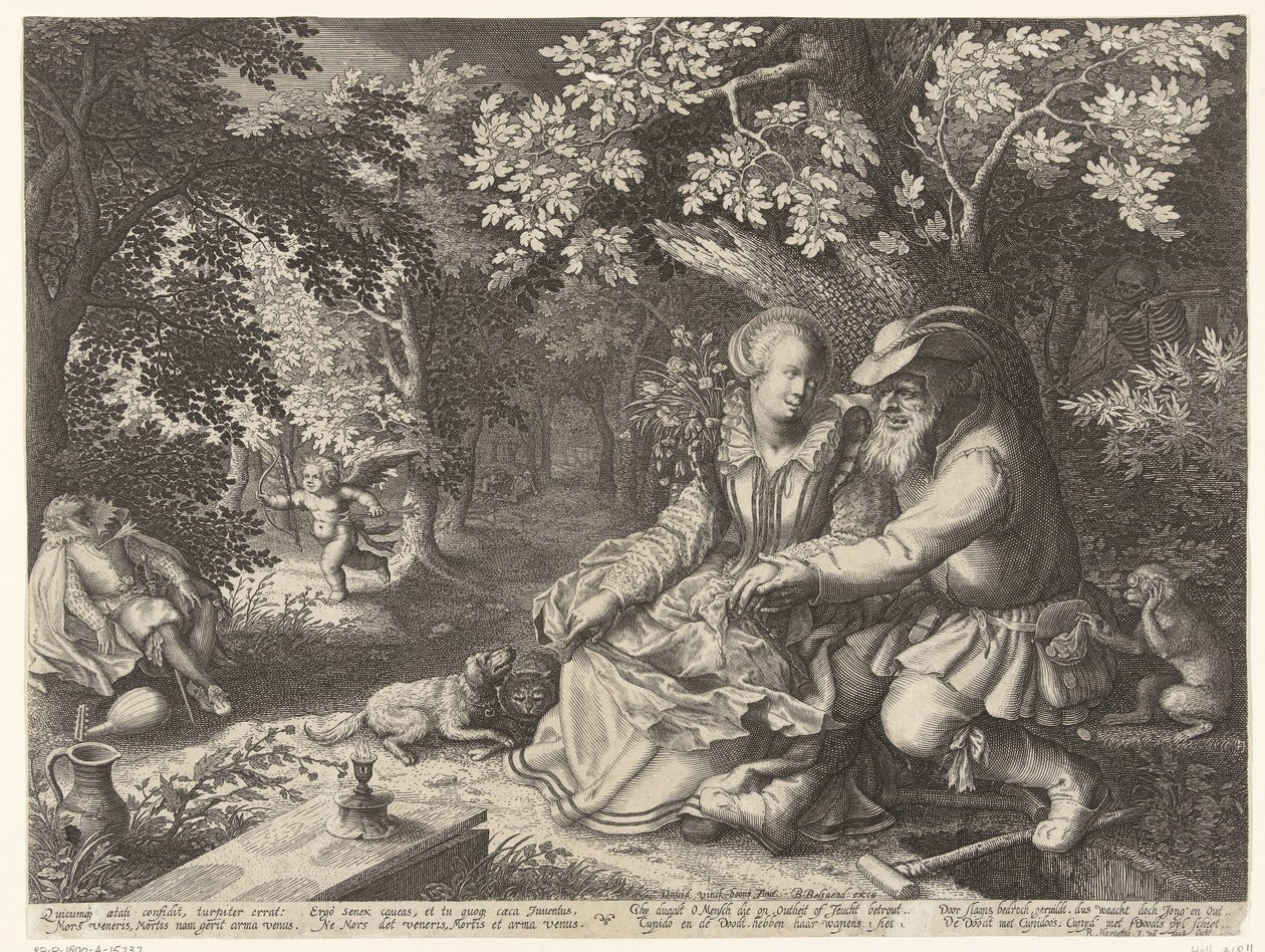 La muerte y Cupido se disparan flechas y el anciano corteja a la joven de Boëtius Adamsz. Bolswert
