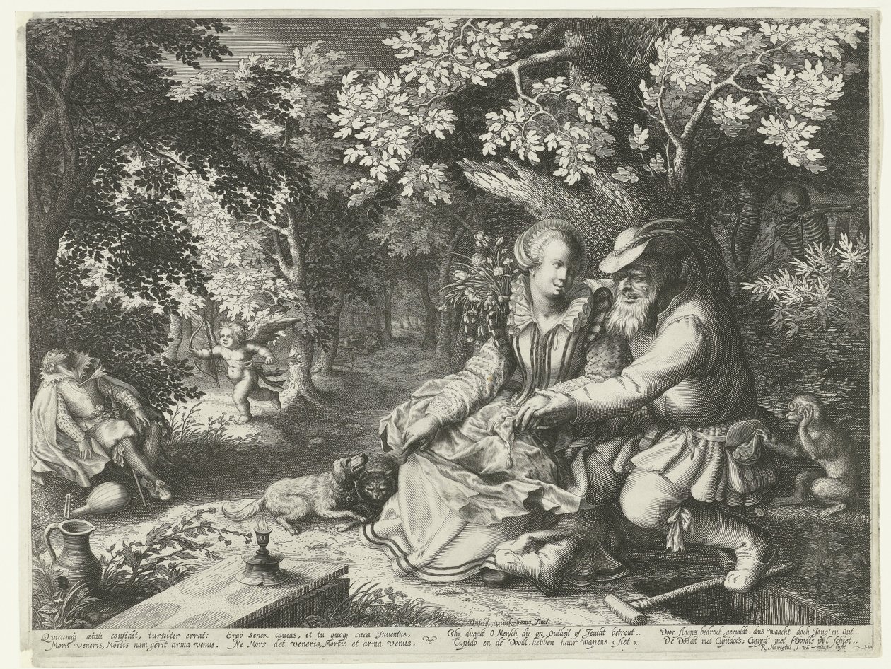 La muerte y Cupido se disparan flechas y el anciano corteja a la joven de Boëtius Adamsz. Bolswert