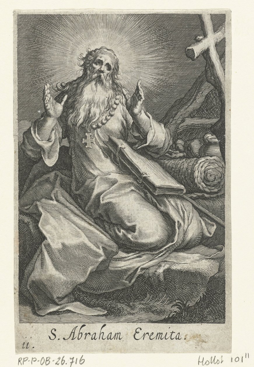 San Abraham de Edesa como ermitaño S. Abraham Eremita (título sobre objeto) Ermitaños (título de la serie) Sacra eremvs ascetarvm (título de la serie) de Boëtius Adamsz. Bolswert