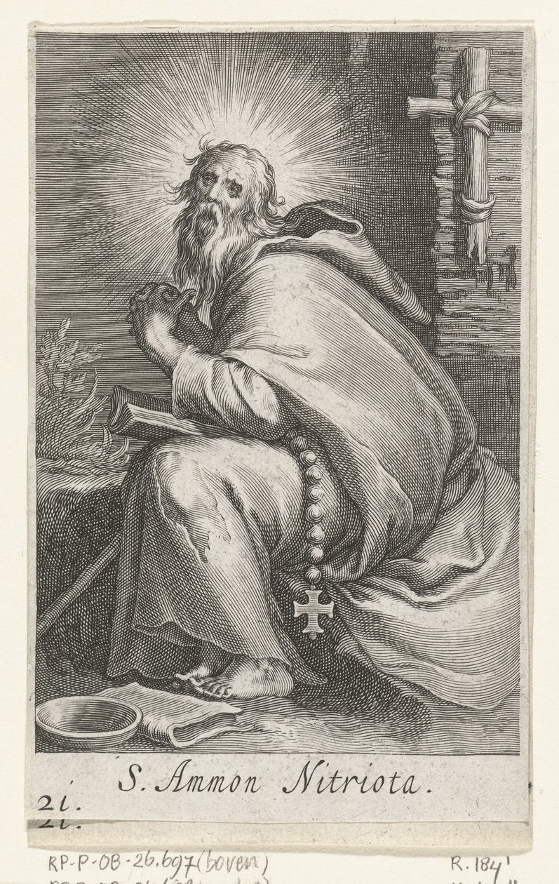 San Amonio el Grande como ermitaño S. Ammon Nitriota (título sobre el objeto) Ermitaños (título de la serie) Sacra eremvs ascetarvm (título de la serie) de Boëtius Adamsz. Bolswert