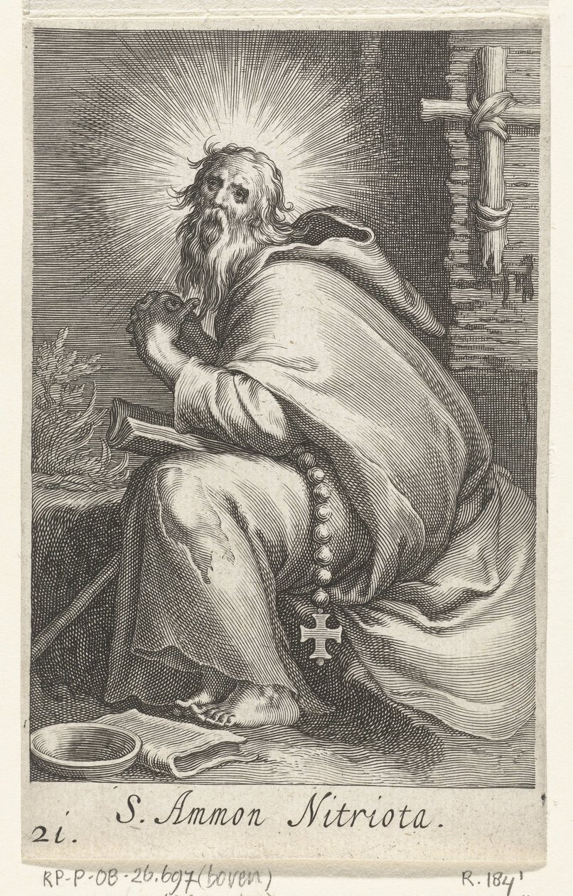 San Amonio el Grande como ermitaño S. Ammon Nitriota (título sobre el objeto) Ermitaños (título de la serie) Sacra eremvs ascetarvm (título de la serie) de Boëtius Adamsz. Bolswert