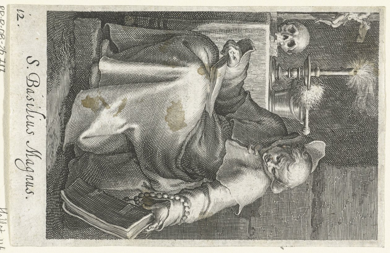 San Basilio el Grande como ermitaño S. Basilius Magnus (título sobre el objeto) Ermitaños (título de la serie) Sacra eremvs ascetarvm (título de la serie) de Boëtius Adamsz. Bolswert