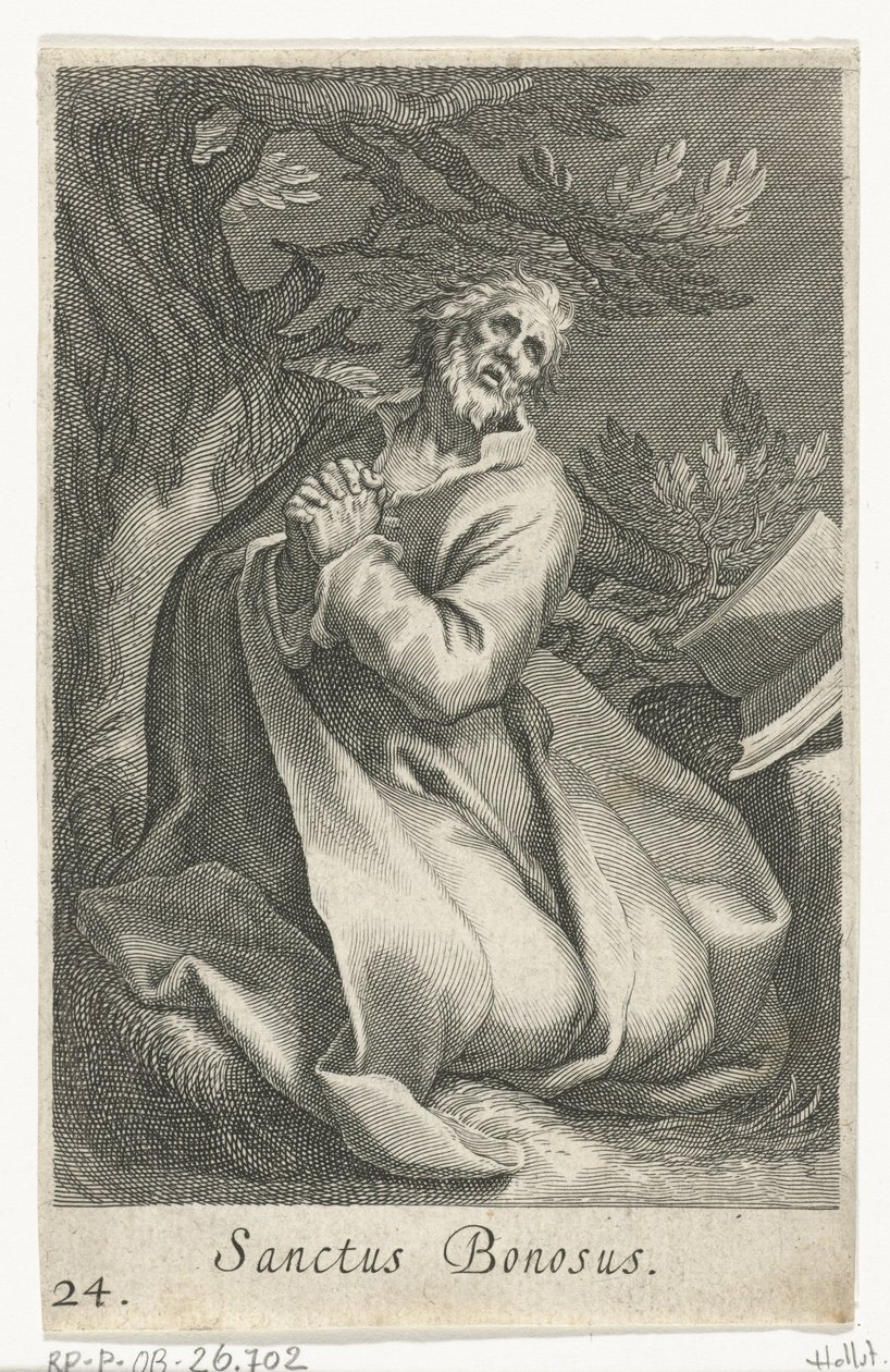 San Bonosus como ermitaño Sanctus Bonosus (título sobre el objeto) Ermitaños (título de la serie) Sacra eremvs ascetarvm (título de la serie) de Boëtius Adamsz. Bolswert