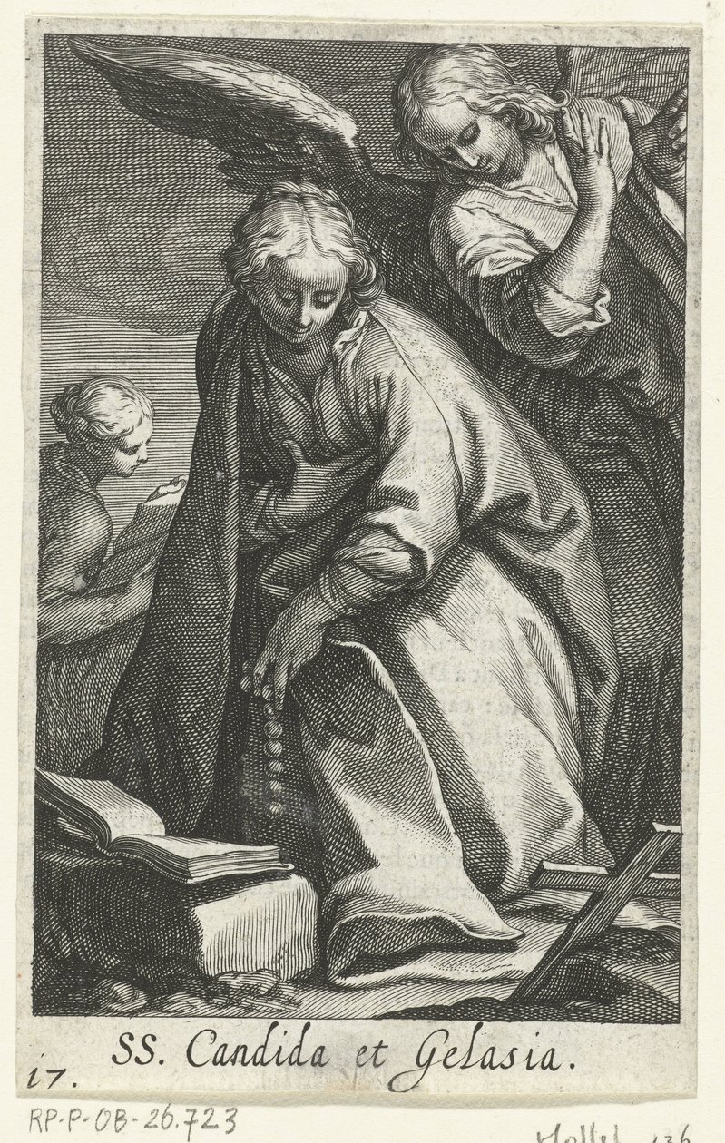 Santa Cándida y Santa Gelasia como ermitañas con ángel SS. Candida et Gelasia (título sobre objeto) Hermitesses (título de la serie) Sacra Eremus Ascetriarum (título de la serie) de Boëtius Adamsz. Bolswert