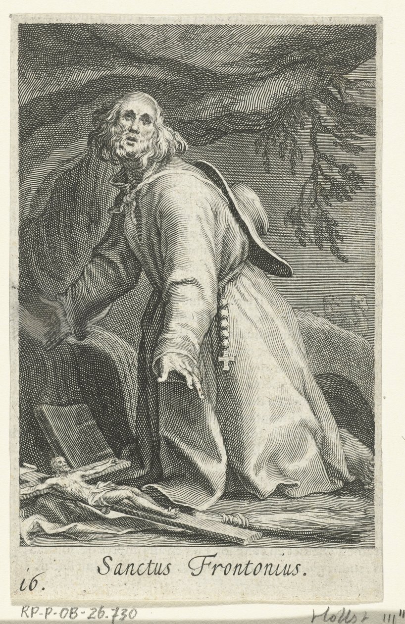 Santo Frontonio de Egipto como Ermitaño Sanctus Frontonius (título sobre el objeto) Ermitaños (título de la serie) Sacra eremvs ascetarvm (título de la serie) de Boëtius Adamsz. Bolswert