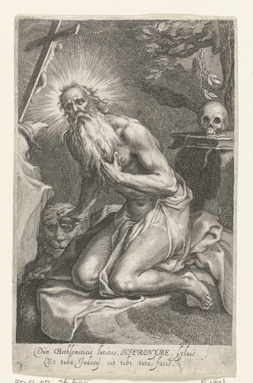 San Jerónimo de Belén como ermitaño Dùm Bethlemiticis latitas (...) tibi tuta facis (título sobre objeto) Ermitaños (título de la serie) Ad sacrum speculum (...) patribus that ales (título de la serie) de Boëtius Adamsz. Bolswert